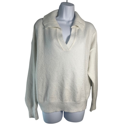 Elodie Sweaters - Elodie Womens V-Neck Polo Sweater Ivory Cream Fuzzy Knit Collared‎ Size M